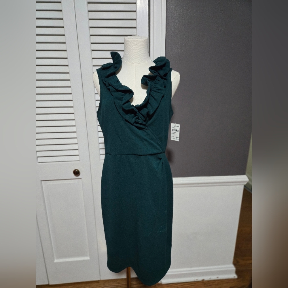 Hunter Green Ruffled Sheath Midi Dress,medium